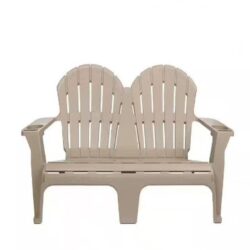 54 in. Putty Beige Plastic 2-Person Outdoor Adirondack Bench with Phone and Cup Holders