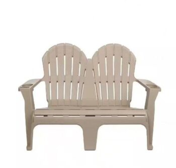 54 in. Putty Beige Plastic 2-Person Outdoor Adirondack Bench with Phone and Cup Holders