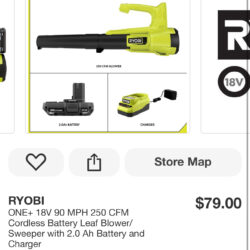 RYOBI ONE+ 18V 90 MPH 250 CFM Cordless Battery Leaf Blower/Sweeper with 2.0 Ah Battery and Charger