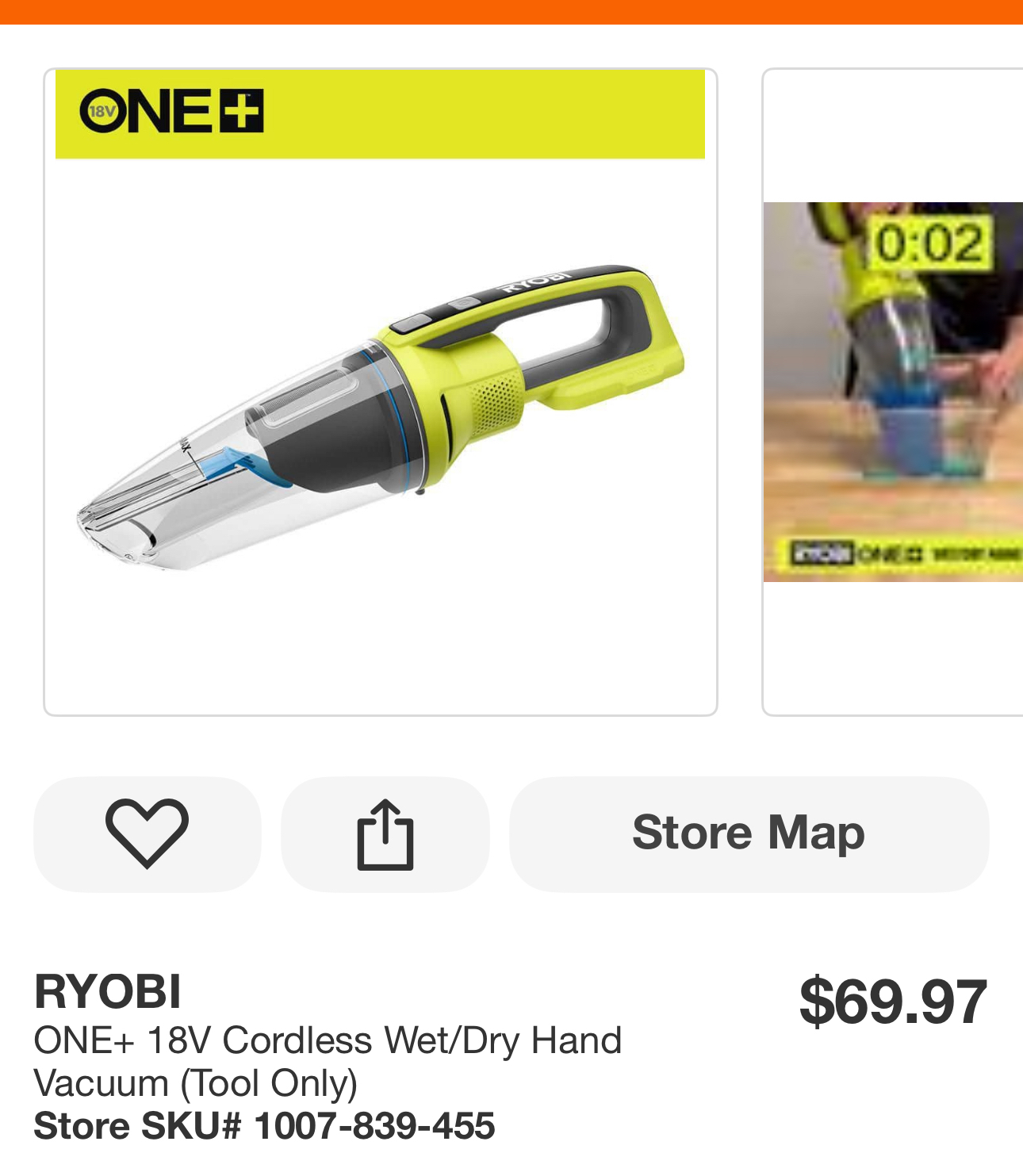 RYOBI ONE+ 18V Cordless Wet/Dry Hand Vacuum (Tool Only