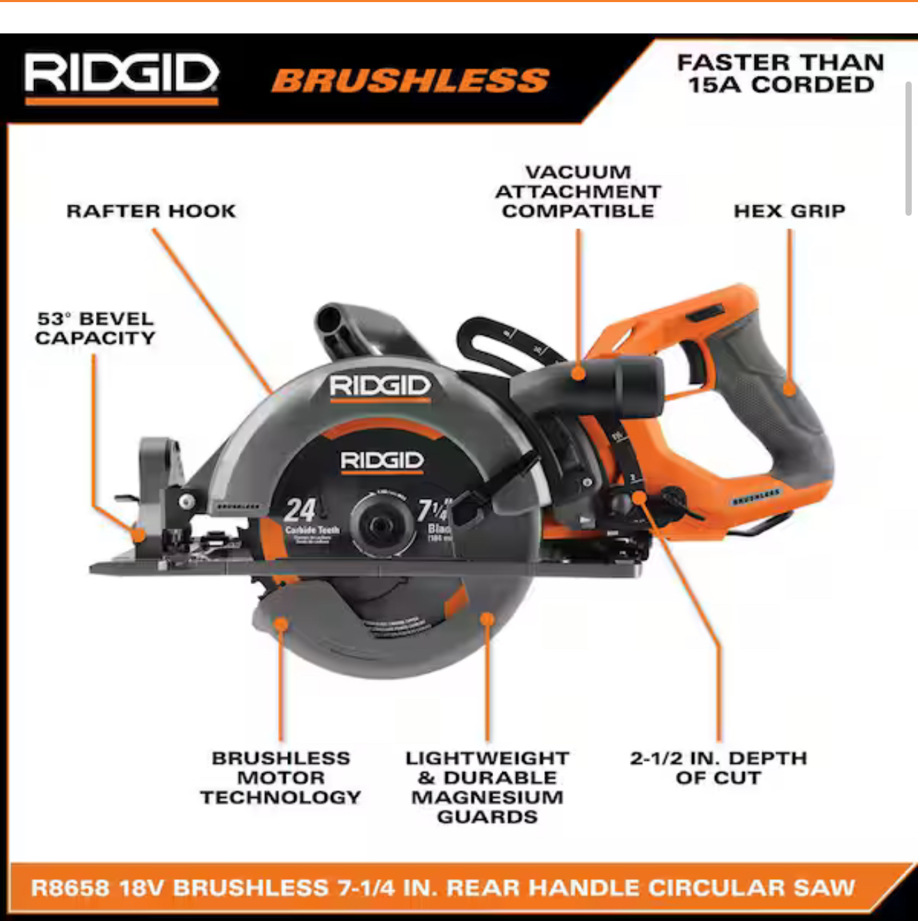 RIDGID 18V Brushless Cordless 7-1/4 in. Rear Handle Circular Saw (Tool Only) - Image 6